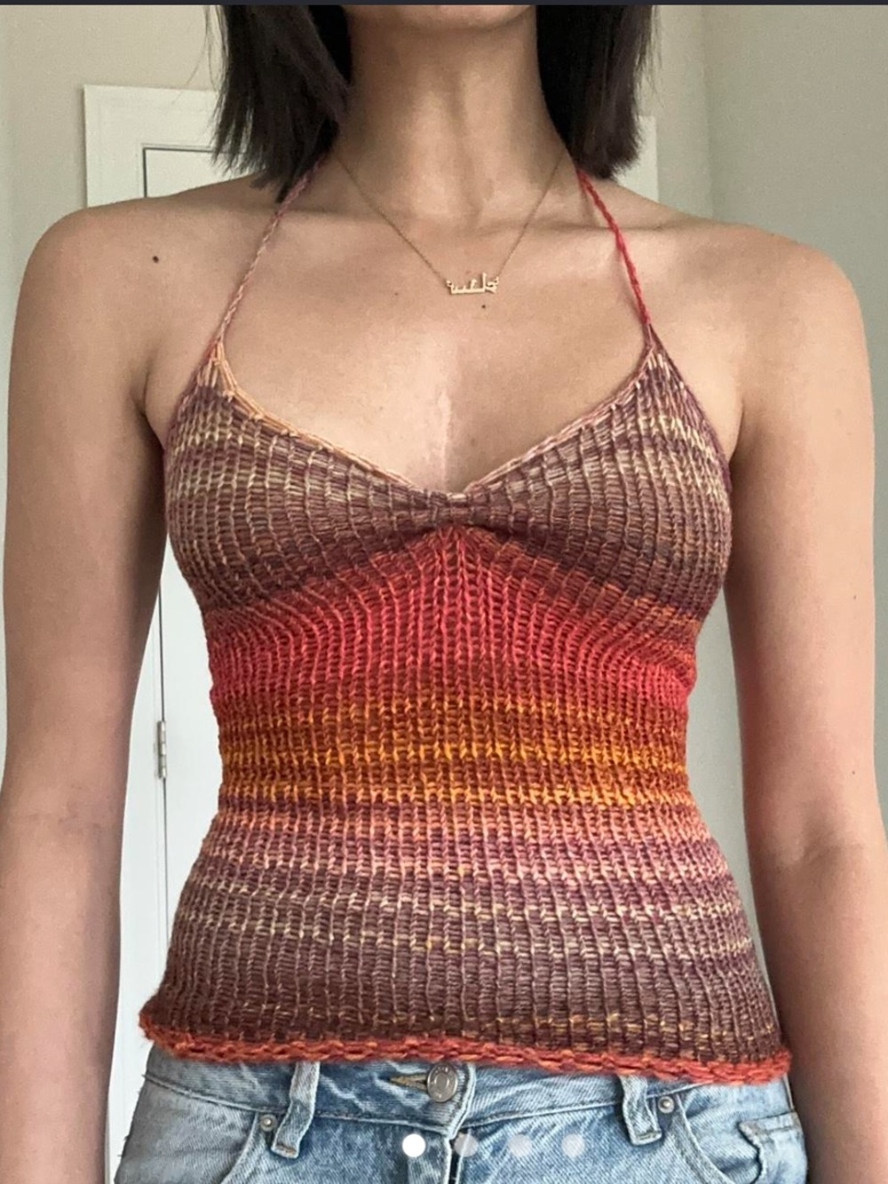 Hand-Knit Gradient Halter Tank Top in Brown & Orange